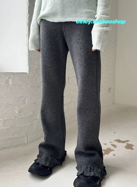 eihey诶嘿2026新款木耳边坑条纹直筒显瘦针织裤保暖长裤休闲裤女