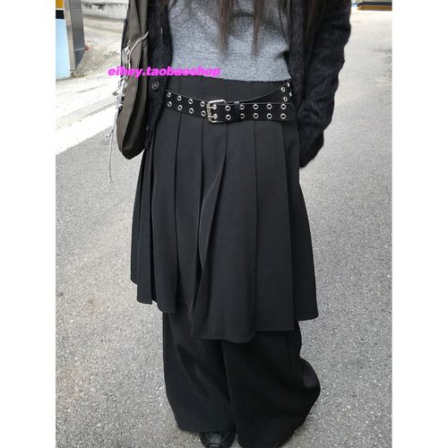 eihey诶嘿小众设计宽松叠穿阔腿裤拖地假两件西装百褶半身裙长裤