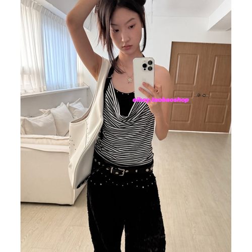 eihey诶嘿堆堆荡领条纹背心女无袖辣妹风露背挂脖吊带修身上衣女