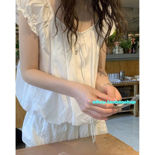 eihey诶嘿夏季软妹法式温柔风抽绳系带泡泡袖方领纯色短袖衬衫女