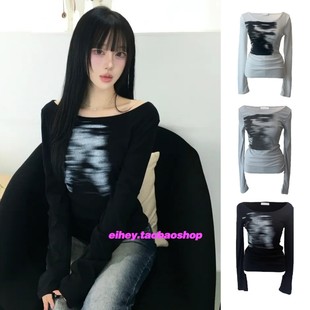 长袖 露肩显瘦薄款 T恤上衣女 辣妹斜肩一字肩印花修身 eihey诶嘿秋季