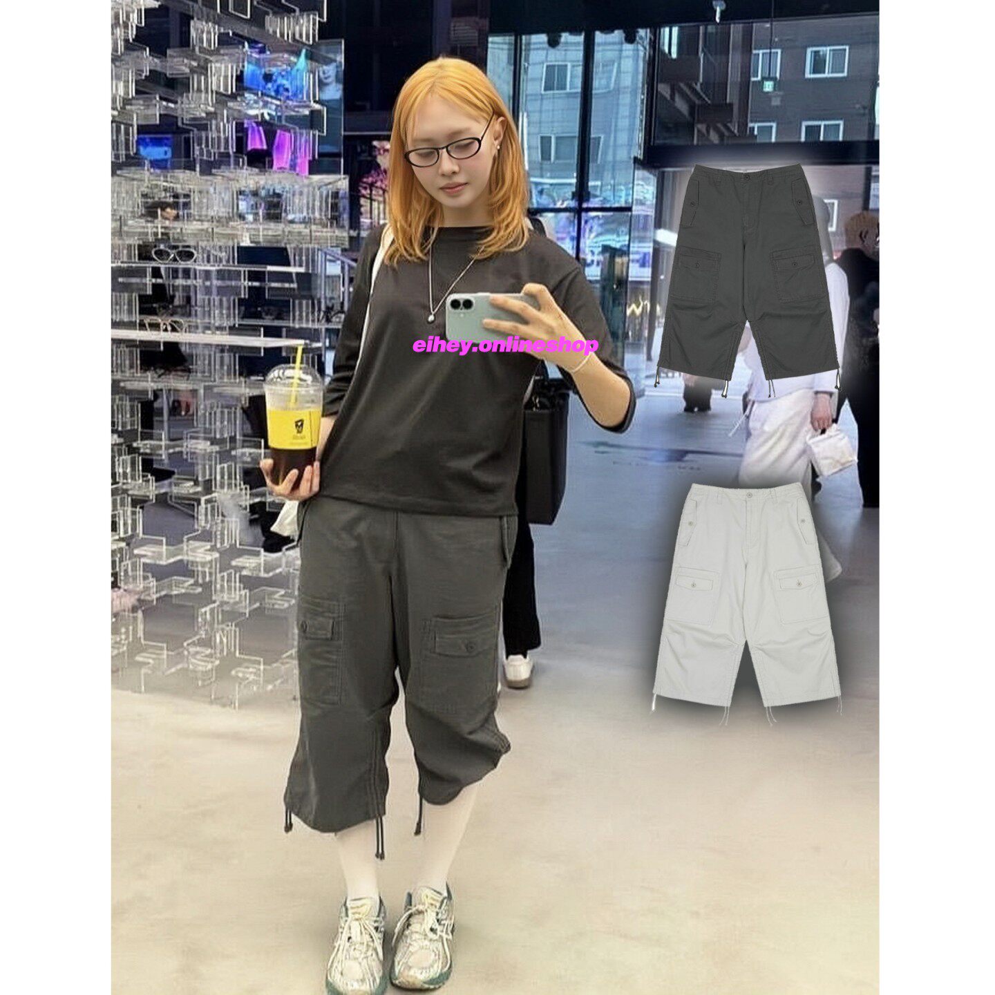 eihey诶嘿26新款韩系穿搭复古口袋抽绳褶皱休闲宽松百搭七分裤女