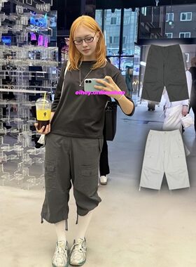eihey诶嘿26新款韩系穿搭复古口袋抽绳褶皱休闲宽松百搭七分裤女