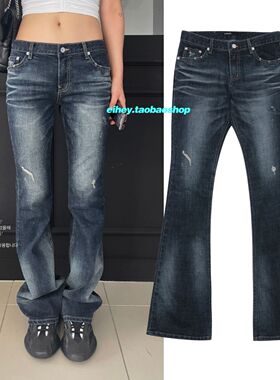 eihey诶嘿蓝色洗白美式复古直筒裤牛仔裤女宽松低腰显瘦阔腿长裤