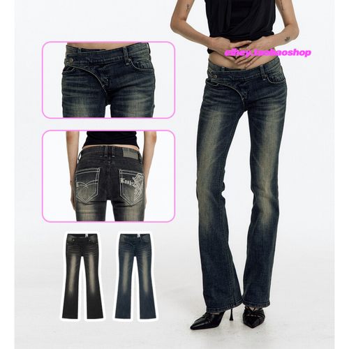 eihey诶嘿秋季复古水洗做旧设计长裤喇叭裤辣妹千禧风低腰牛仔裤