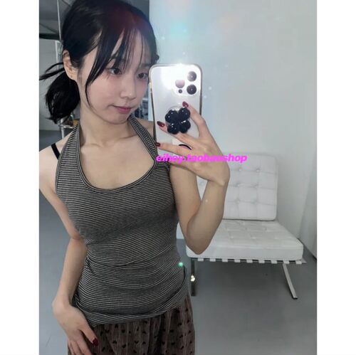 eihey诶嘿U领挂脖细条纹修身新款性感辣妹简约百搭打底搭配背心女