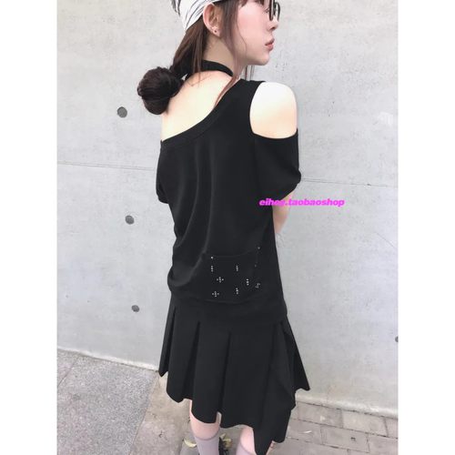 eihey诶嘿夏季新款简约休闲半肩设计感露肩短袖百搭宽松半袖T恤女