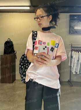 eihey诶嘿夏季字母拼贴印花简约基础款短袖圆领宽松百搭T恤上衣女