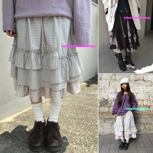 eihey诶嘿26秋季日系复古松紧腰荷叶边格纹蛋糕裙宽松A字半身裙女