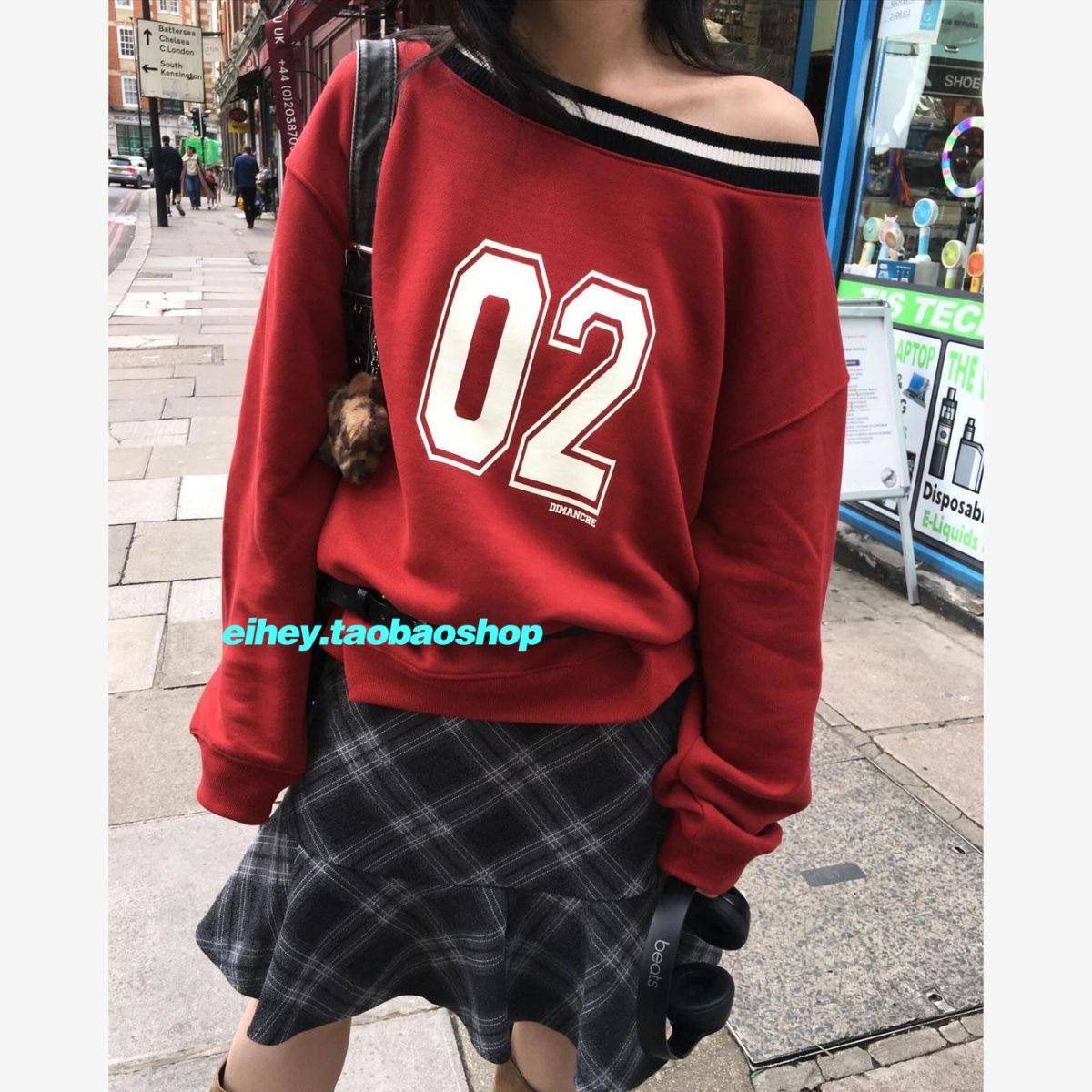 eihey诶嘿2026秋季美式复古斜领露肩撞色字母印花休闲长袖卫衣女,女装/女士精品,卫衣/绒衫,淘宝优惠券,粉丝福利购,淘宝优惠卷