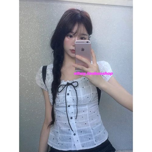 eihey诶嘿甜美减龄波点系带单排扣褶皱泡泡短袖衬衫上衣休闲短袖