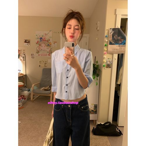 eihey诶嘿早秋短款露脐修身竖条纹简约系扣休闲显瘦长袖上衣衬衫