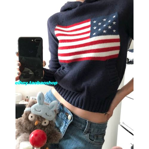 eihey诶嘿美式复古洋气旗帜图案宽松圆领修身套头连帽针织毛衣女