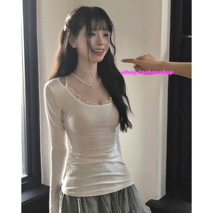 eihey诶嘿古早韩系女主穿搭长袖 打底上衣女 T恤假两件蕾丝边修身
