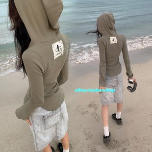 显瘦长袖 连帽针织开衫 女修身 上衣 打底衫 美式 eihey诶嘿春季 v领长袖
