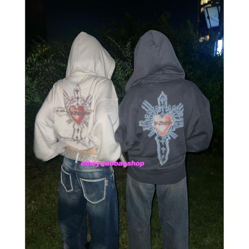 eihey诶嘿25秋冬新款手工钉珠爱心十字架印花连帽卫衣长袖外套女