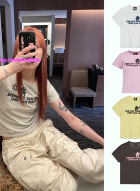eihey诶嘿夏季字母印花图案圆领简约百搭修身短款短袖T恤上衣女