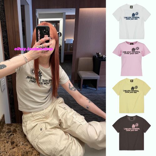 eihey诶嘿夏季字母印花图案圆领简约百搭修身短款短袖T恤上衣女