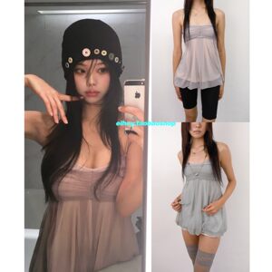 eihey诶嘿夏季网纱吊带纯欲风轻纱褶皱设计时尚感蓬蓬吊带背心女
