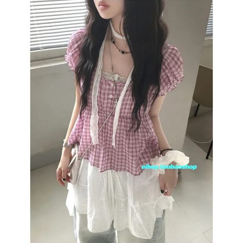 eihey诶嘿韩系复古甜美格纹百搭泡泡袖娃娃衫休闲上衣女格子衬衫