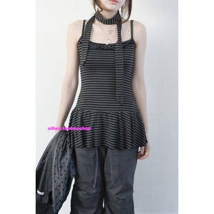 eihey诶嘿夏季百搭舒适条纹荷叶边吊带设计感小众背心围巾两件套
