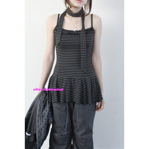 eihey诶嘿夏季百搭舒适条纹荷叶边吊带设计感小众背心围巾两件套