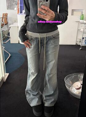 eihey诶嘿复古街头感宽边抽绳接拼低腰微喇显瘦百搭牛仔裤长裤女