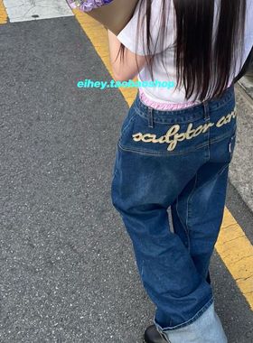 eihey诶嘿新款低腰贴刺绣翻脚卷边阔腿裤牛仔裤女显瘦宽松直筒裤