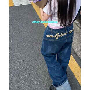 女显瘦宽松直筒裤 牛仔裤 低腰贴刺绣翻脚卷边阔腿裤 eihey诶嘿新款