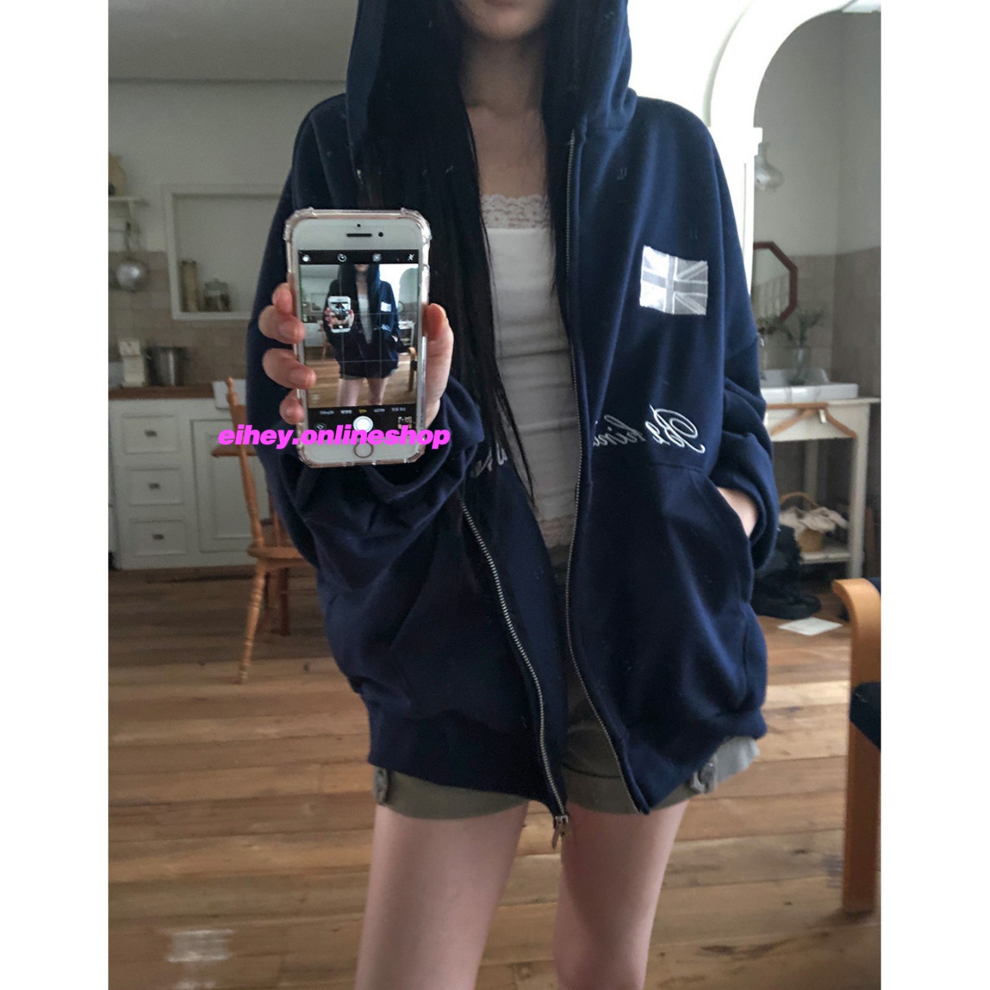 eihey诶嘿秋季新款美式飞马刺绣休闲宽松百搭拉链连帽卫衣外套女