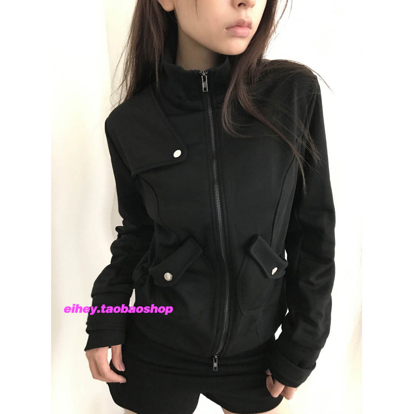 eihey诶嘿美式简约口袋拉链立领夹克黑色外套女休闲修身百搭上衣