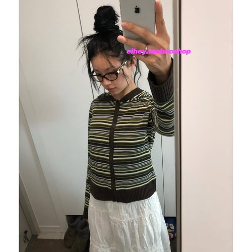 eihey诶嘿2025复古连帽条纹针织开衫外套上衣女时尚修身百搭上衣