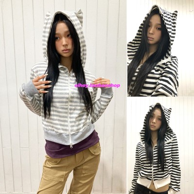 eihey诶嘿秋季猫咪耳朵可爱减龄条纹长袖拉链连帽休闲卫衣外套女