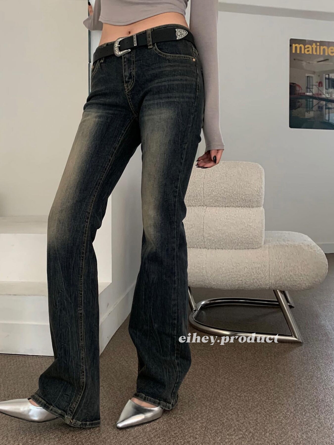 EIHEY EH HEY AMERICAN RETRO LOW-WAIST WASHED WHITE MICRO-FLARE SLIMMING ALL-MATCH JEANS MOPPING TROUSERS WOMEN