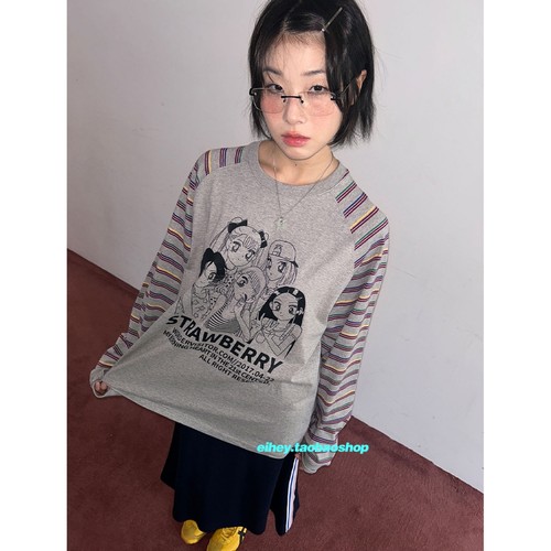 eihey诶嘿春季韩版简约条纹彩色美少女印花休闲宽松长袖T恤上衣女