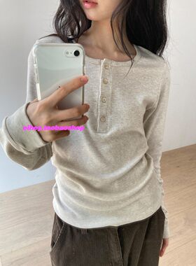 eihey诶嘿基础款修身圆领纽扣长袖休闲上衣T恤女纯色内搭打底衫春