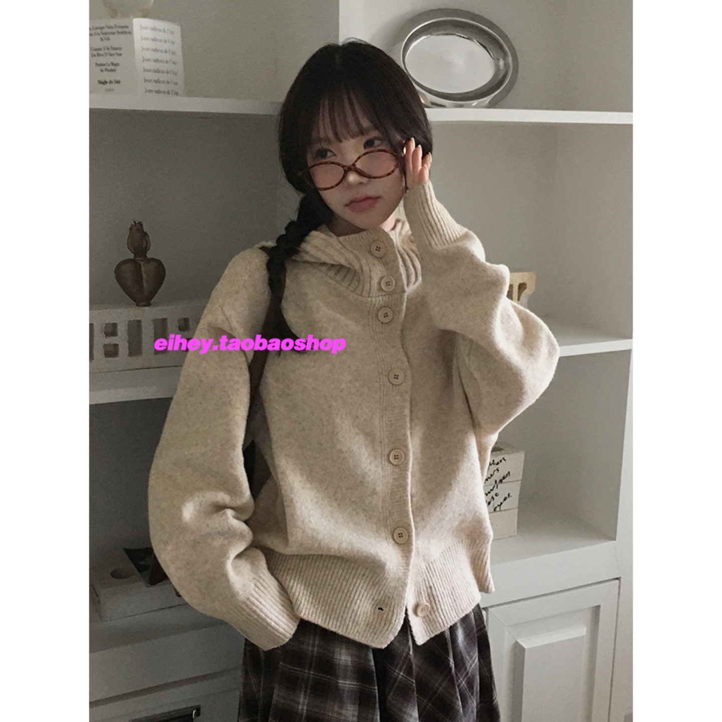 eihey诶嘿秋冬慵懒风纯色连帽针织开衫毛衣外套女软糯短款上衣女