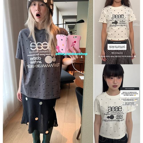 eihey诶嘿25夏季波点字母印花落肩宽松休闲短袖T恤百搭短款上衣女