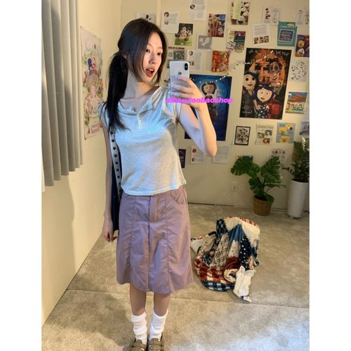 eihey诶嘿2025夏季新款系扣条纹显瘦百搭上衣女夏设计感卷袖T恤女