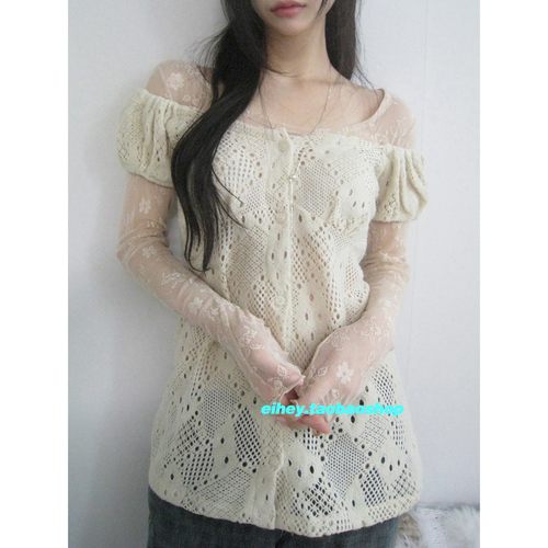eihey诶嘿进口面料钩花泡泡袖蕾丝衫可叠穿系扣中长款短袖上衣女