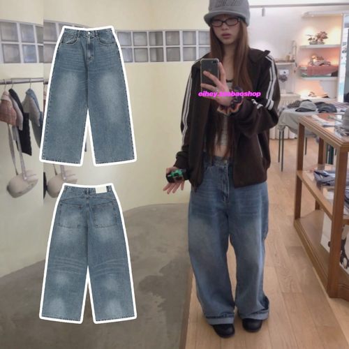 eihey诶嘿新款复古水洗阔腿裤宽松百搭直筒裤浅蓝色牛仔裤长裤女