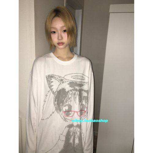 eihey诶嘿秋季百搭小众显瘦可爱风卡通人物印花圆领长袖T恤上衣女