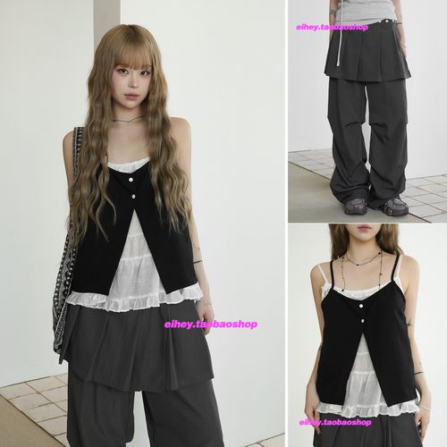 eihey诶嘿25夏季拼接花边吊带背心女假两件上衣百搭褶皱休闲裙裤