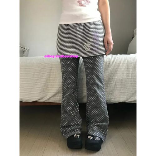 eihey诶嘿秋季灰色波点条纹印花休闲显瘦假两件裙裤一体微喇长裤