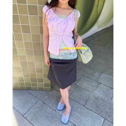 eihey诶嘿26夏季韩系复古蕾丝拼接个性设计修身显瘦半身裙中裙女