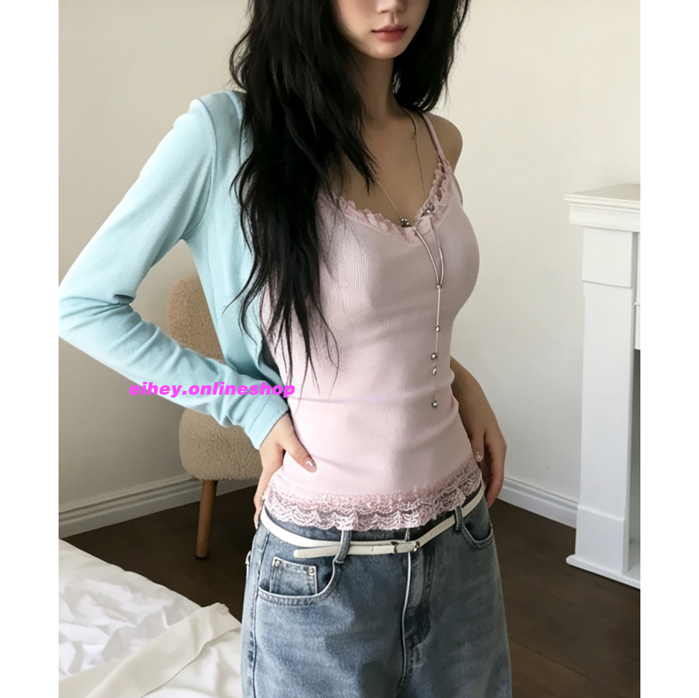 eihey诶嘿V领性感蕾丝木耳边拼接吊带背心女修身短款开衫上衣套装图片