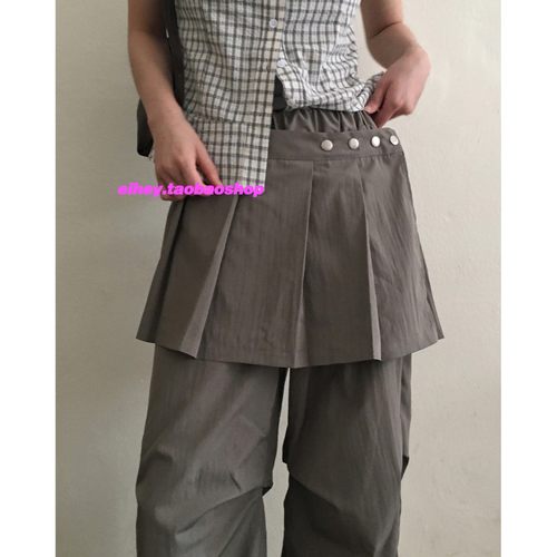 eihey诶嘿复古街头松弛感个性宽松百搭显瘦假两件拼接百褶休闲裤