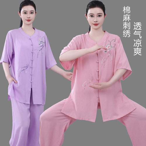 夏季新款短袖太极服女棉麻刺绣薄