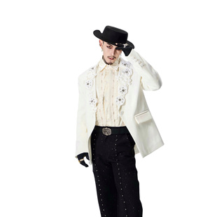 牧羊帅 高定秀场立体花朵艺演白色垫肩西服外套男模团队表演西装