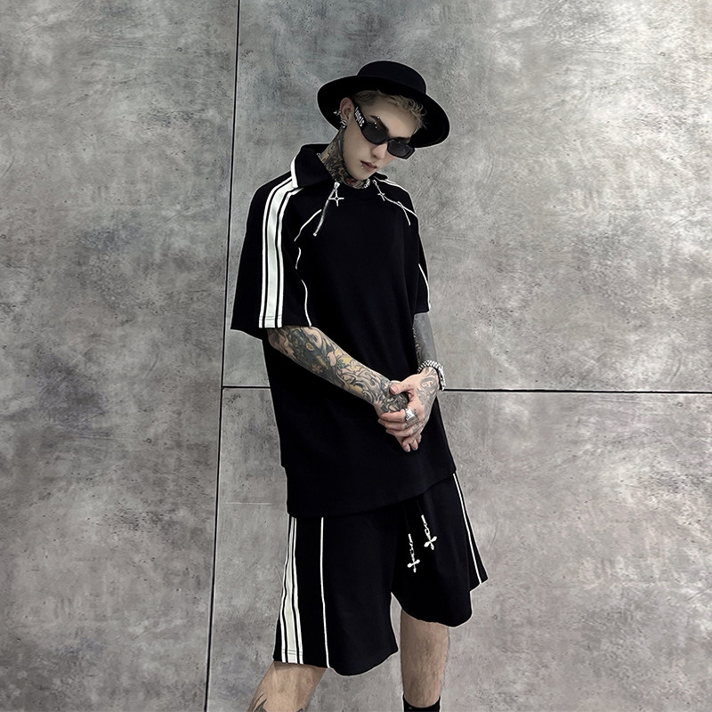 牧羊帅 夏季高级感圆领polo衫运动短袖t恤男休闲宽松短裤二件套